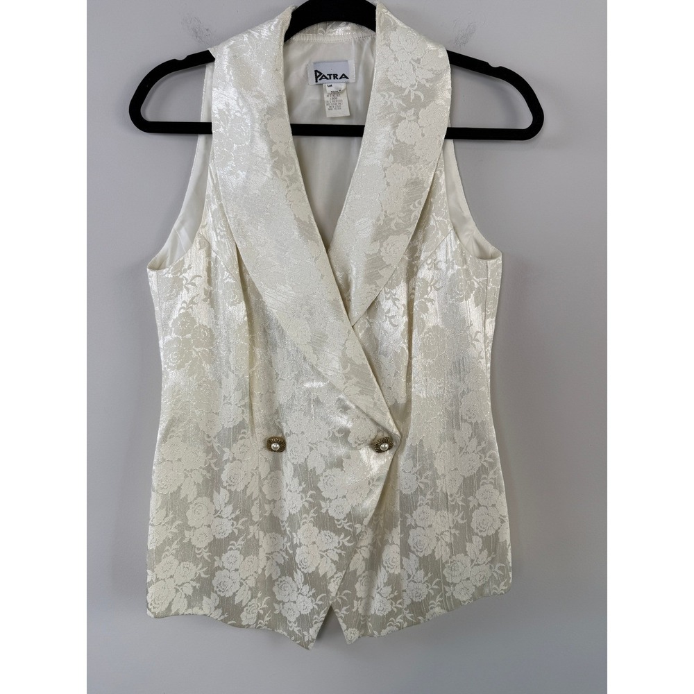 Vintage Patra 80s Brocade Vest Size 8 Ivory Metallic Floral Shawl Collar